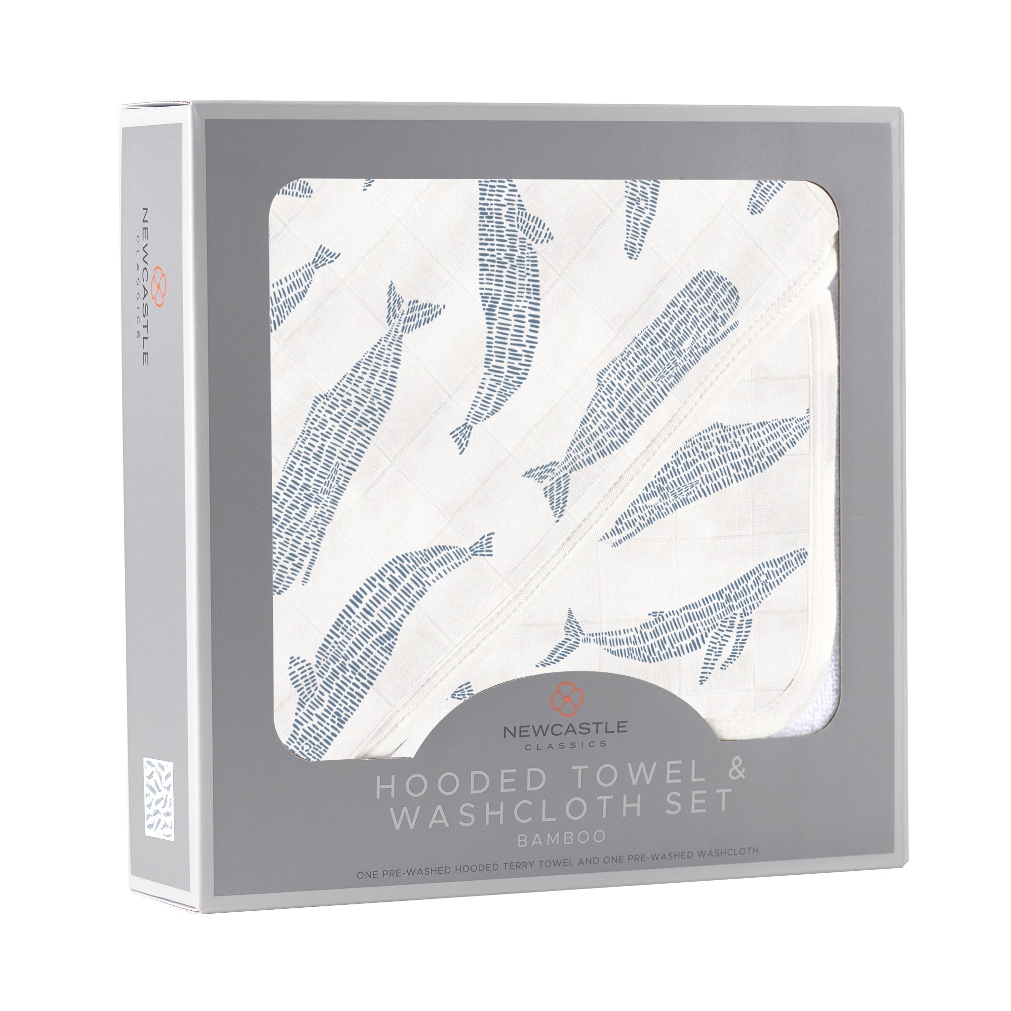 Set of a washcloth and towel for babies with whales
